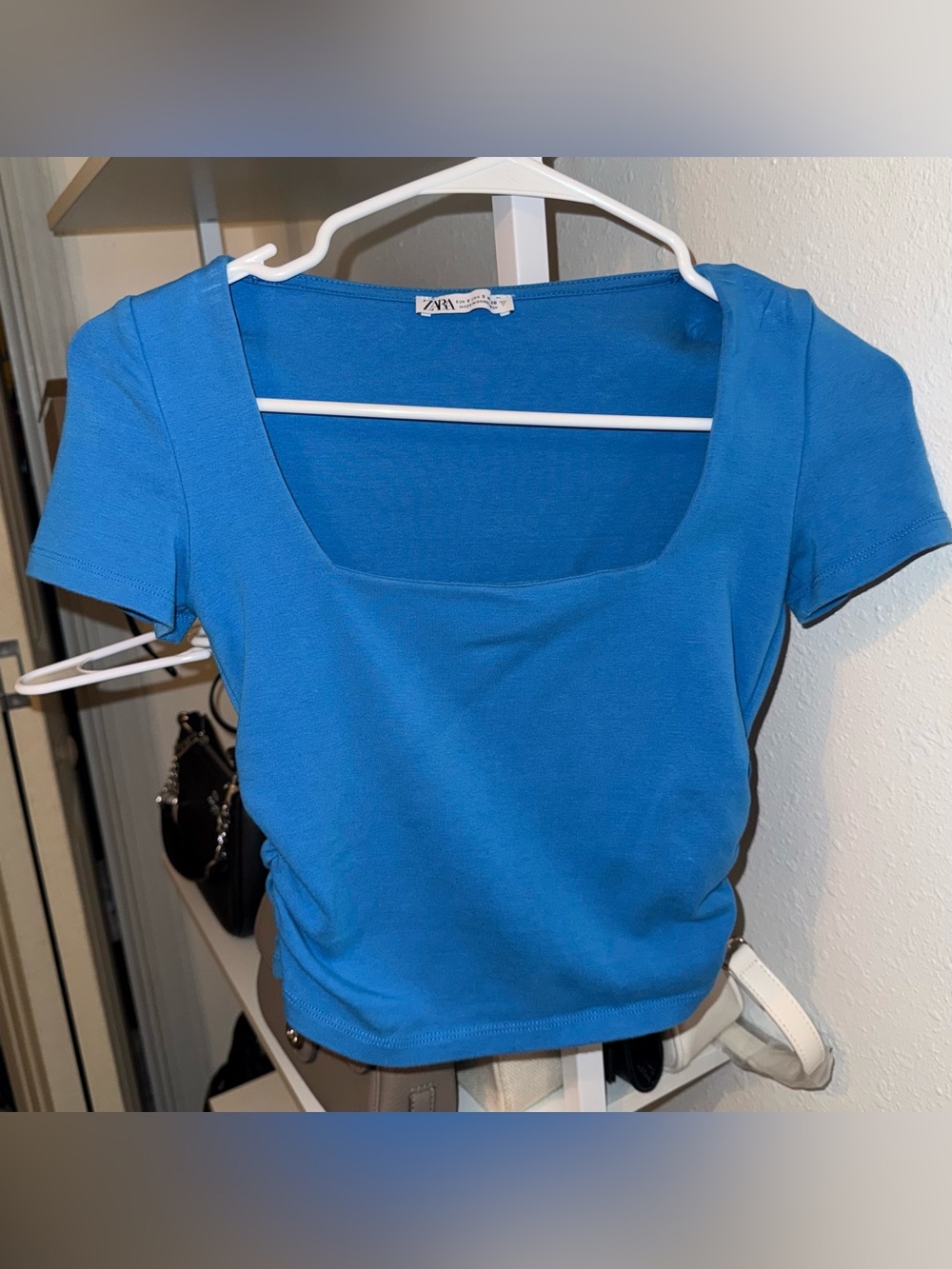 Zara Bright Blue Square Neck Short Sleeve Crop Top Ruched Sides